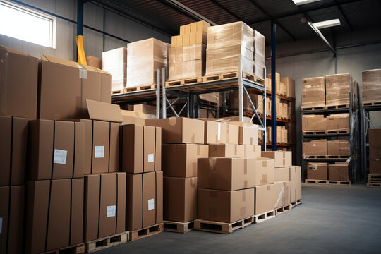 Área de almacenamiento con pallets y cajas.